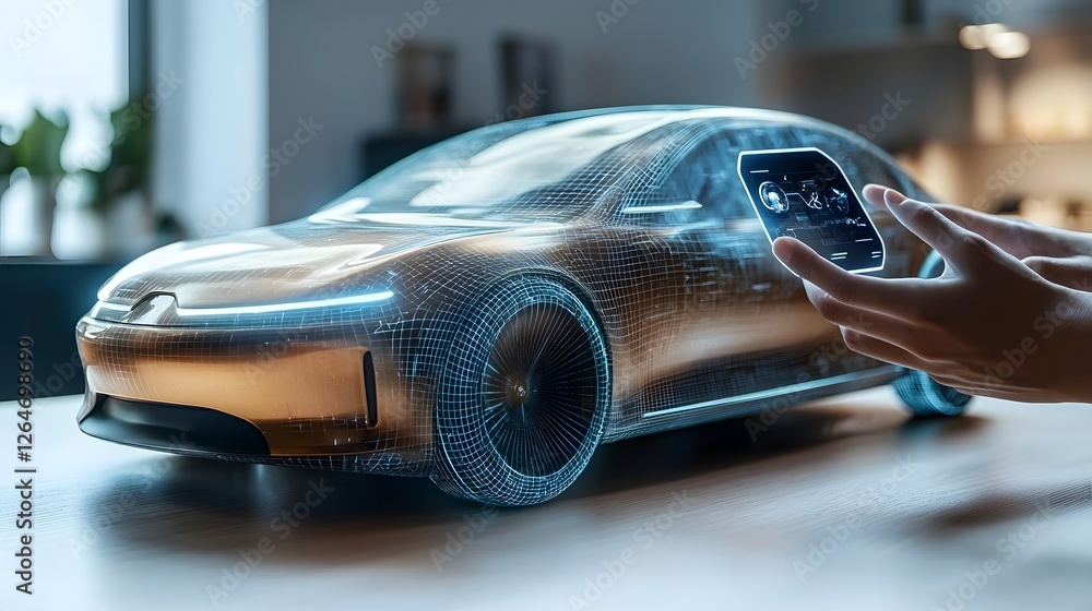 Aufkleber close up view of a designer s hands interacting with floating holographic controls to shape and desi