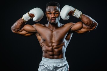 A muscular boxer poses confidently with gloves raised, highlighting strength and readiness for a match against a dark background.