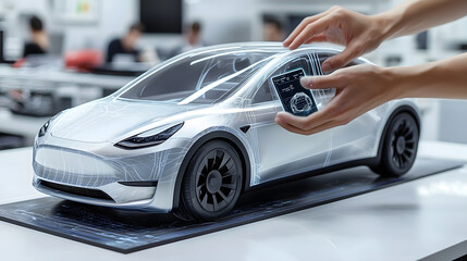 Fototapeta premium Designer s hands working with floating holographic controls to shape and customize the interior design of a futuristic eco friendly electric vehicle prototype