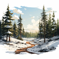 Siberian forest covered with snow, spring day, badge, color image, Russia, mountains, travel, no people, ai