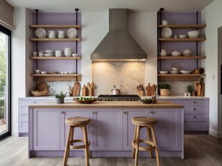 A modern kitchen features soft purple cabinets and wooden shelves