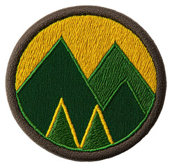Embroidered Round Patch with Green Mountains Against Yellow Sky on Transparent Background