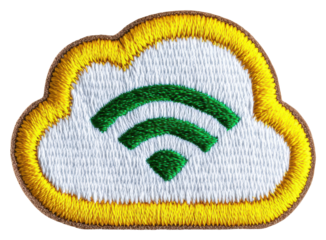 Embroidered White Cloud Patch with Green Wifi Symbol on Transparent Background
