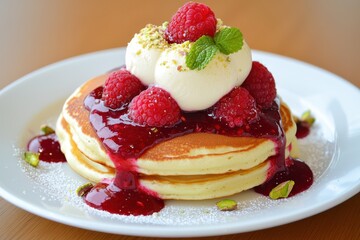 Savoring delicious pancakes with raspberries and cream indoor culinary delight cozy atmosphere close-up focus