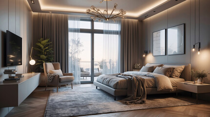 Luxurious Scandinavian bedroom design with neutral furniture inviting bed mirror lamp and peaceful nature views through the window Modern Interior Design Inspiration