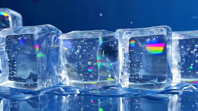 A row of ice cubes glistens under bright light, revealing tiny air bubbles and rainbow reflections.

