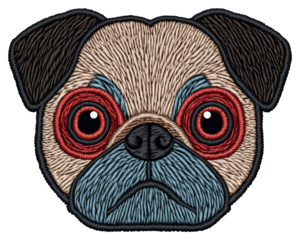 Embroidery Style Portrait Of A Pug Dog With Blue Muzzle And Big Red Eyes On Black