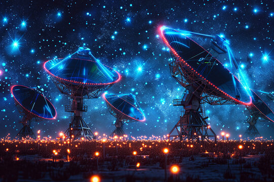 Set of Radio telescopes at night with starry nights releasing with hologram hud, sense of mystery, discovery, and the boundless expanse of space.