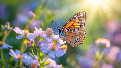 Naklejka premium Elegant butterfly resting on lush flowers in sunlight