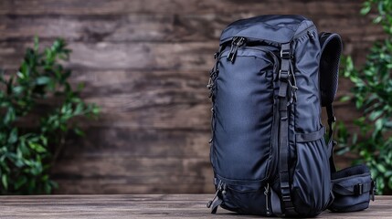 Dark backpack on wooden surface with plants. Ideal for hiking or travel