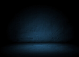 Empty dark three dimensional concrete room with blue lighting. Abstract background for mockup, product display or banner design