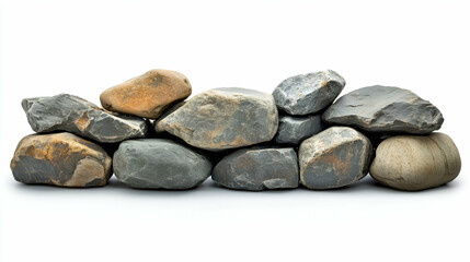 Stacked natural river stones with smooth and rough textures, featuring earthy tones of gray, brown, and beige on a white background.