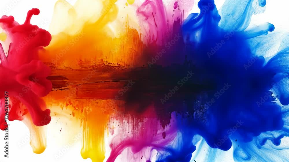 Poster colorful ink clouds merge to create an abstract art piece highlighting vibrant hues in a fluid displ