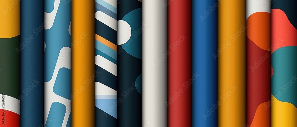 Poster abstract colorful fabric textures: rolled textile samples with geometric and abstract patterns