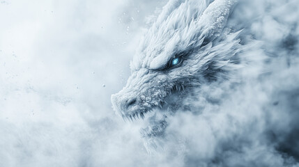 chilling frost dragon unleashes an ice storm over frozen landscape, eyes gleaming with icy power, dominating serene winter
