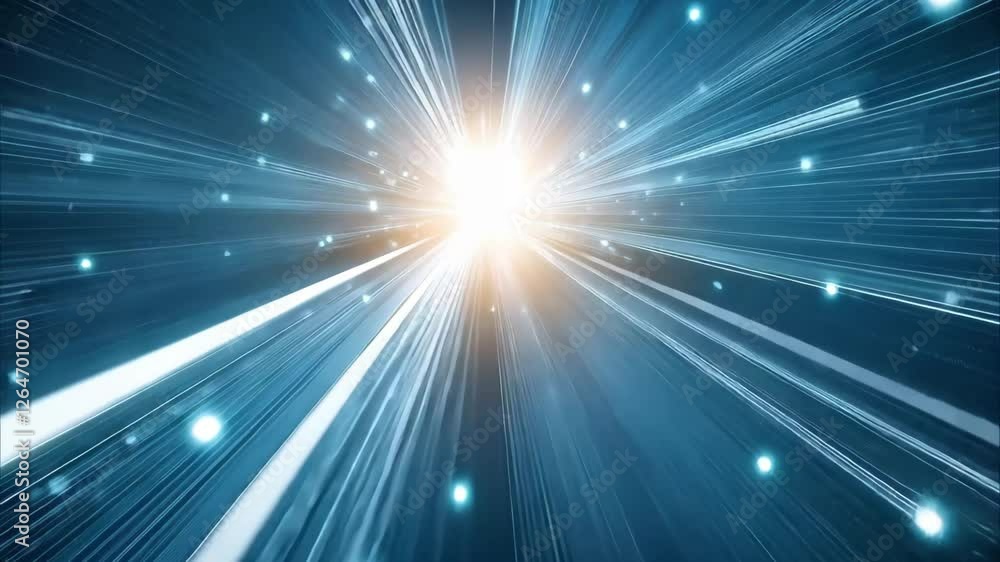 Poster a burst of light and dynamic rays, creating a sense of energy and motion against a dark background.