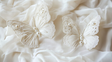 レースとパールが輝く白い蝶のオブジェ