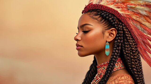 Native American Woman In Profile With Braids And Feather Headdress Against Warm Background Realistic Portrait For Cultural Awareness And Diversity Focused Visuals In Ethnic Representation Photography