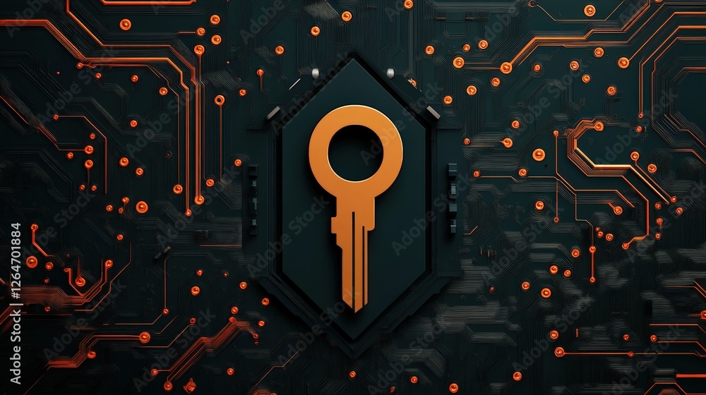 Poster modern digital key design with orange elements on dark circuit background