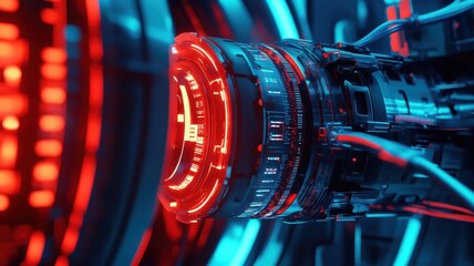 Futuristic red and blue sci-fi mechanical device with glowing digital elements