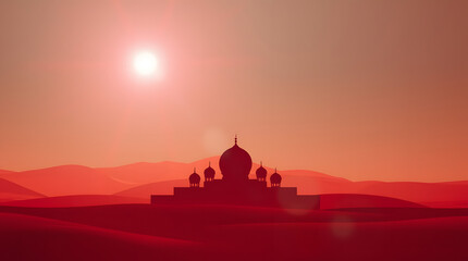 Fototapeta premium A Ramadan Kareem 2025 illustration showing a silhoutte of a mosque in the desert 