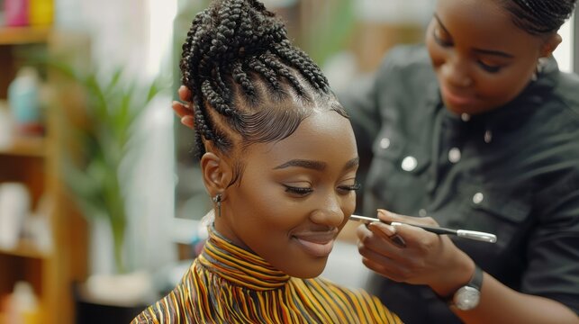 A professional black hair stylist using tools to create intricate braids on a client.