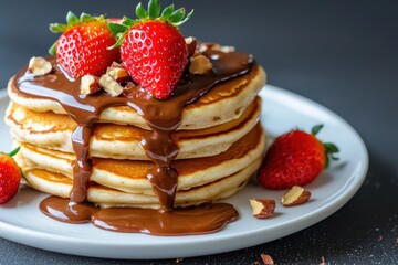 Delicious chocolate pancakes with strawberries kitchen food photography cozy atmosphere top view culinary delight