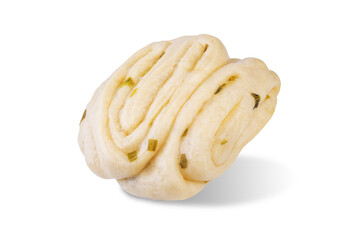 Asian scallion bun on a white isolated background