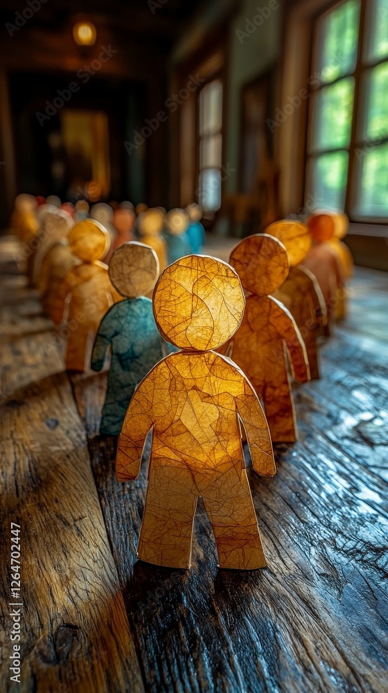 Poster a collection of colorful paper cutouts is arranged on a rustic table, symbolizing diversity and crea
