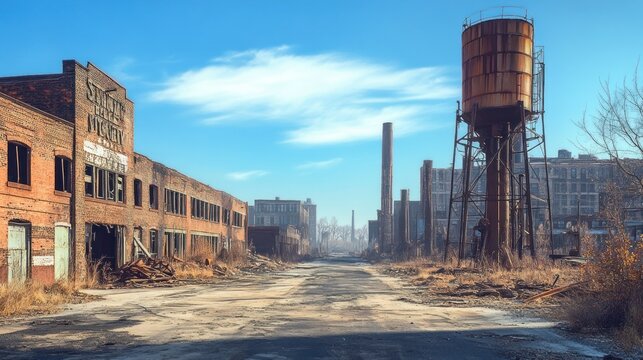 A decaying textile factory with massive brick facades, rusty water towers, and an eerily quiet road covered in dust, beneath a bright blue sky.