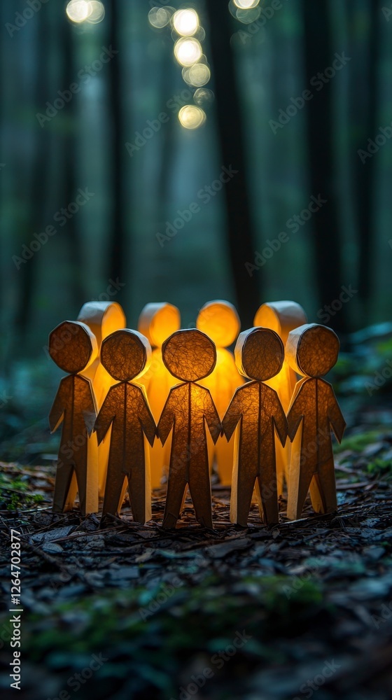 Poster paper figures illuminated from within create a magical atmosphere in a dimly lit forest, symbolizing