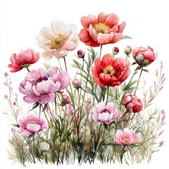 Obraz premium Watercolor painting of a meadow with wild peonies in shades of pink and red, on isolated white background