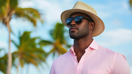 African American man in pink shirt and straw hat on a tropical beach, relaxing. copy space