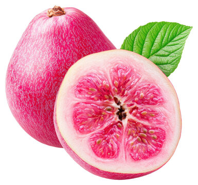 Fresh Pink Pitomba Fruit Halved with Green Leaf on Transparent Background Studio Shot