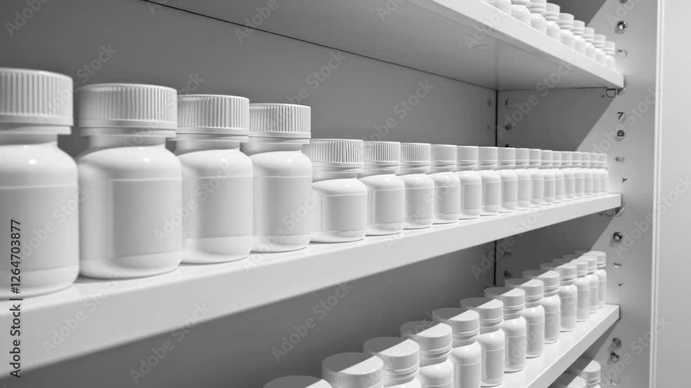 Poster white plastic medicine bottles of varying sizes arranged in multiple rows on pristine pharmacy shelv