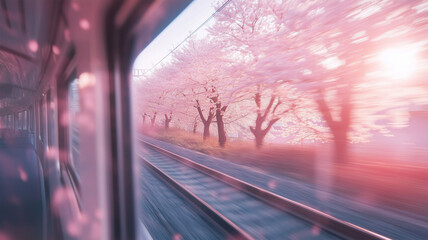 電車の窓に映る桜並木と線路、柔らかなぼかしが演出する春の旅情