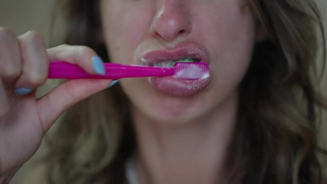 cheerful model brushing mouth at bathroom. Close up happy woman holding toothbrush enjoying morning dental care routine in bath. Portrait fresh lady cleaning teeth having daily procedures at home