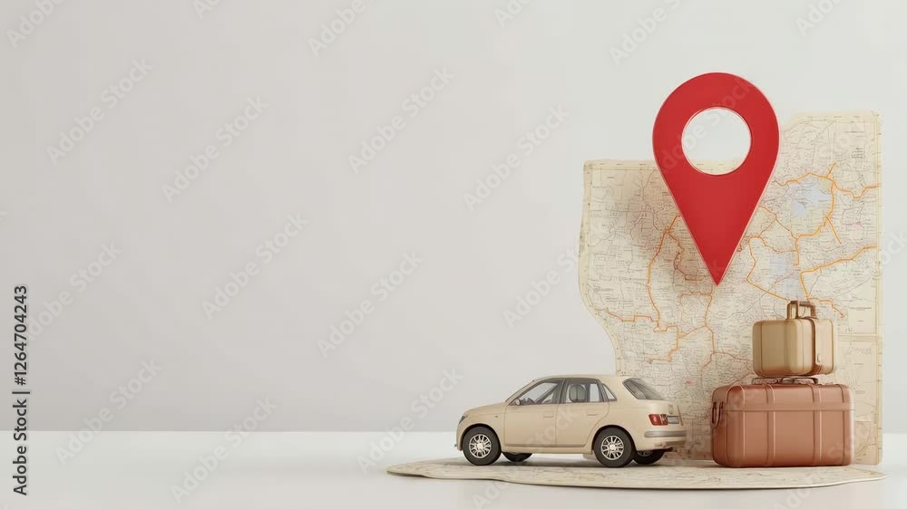 Poster slow motion animation featuring a miniature car and luggage positioned on a map, highlighted by a pr