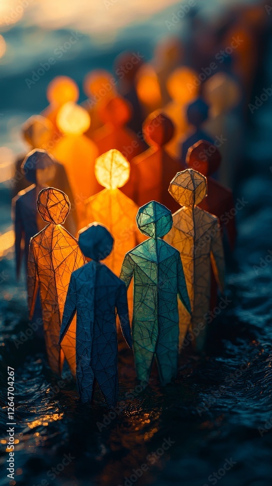 Aufkleber this captivating image features illuminated paper figures walking by the water's edge at dusk, symbo