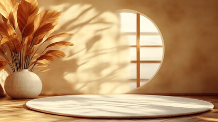 Minimalist Room Decor With Dried Flowers and Round Platform
