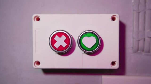 Love or Not button. Dating app concept. A man pushing heart shape and cancel button.
