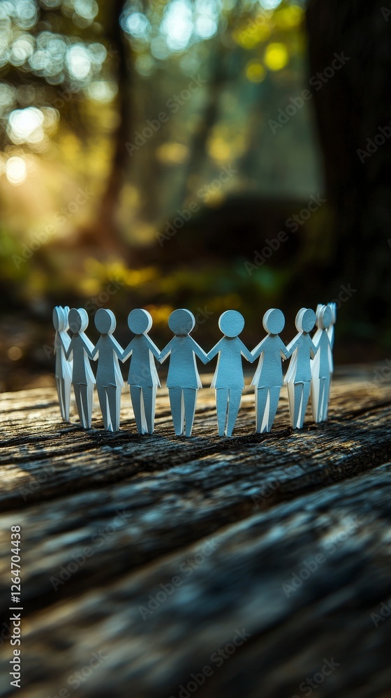 Poster a charming scene of paper figures holding hands in a circle on a rustic wooden surface, symbolizing 