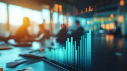 Bar chart displayed on a laptop with a business team in the background