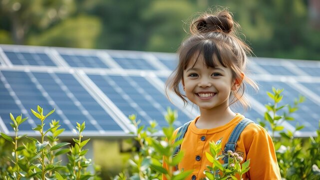 Happy young girl with a beaming smile standing in front of rows of solar panels, embodying the concept of sustainable living and alternative energy, green energy, eco-friendly, happy