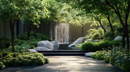 Fototapeta premium Serene garden with cascading waterfall and lush greenery