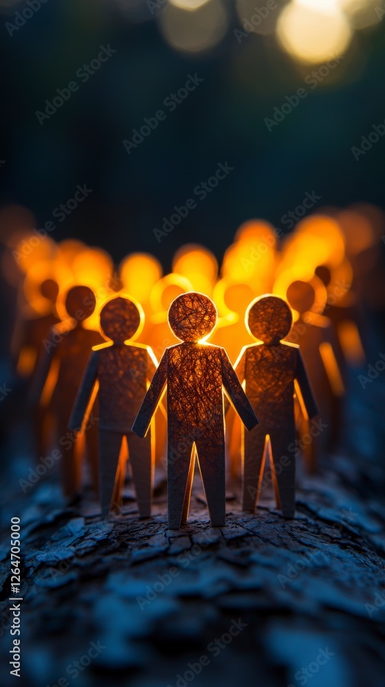 Poster a dynamic arrangement of illuminated paper figures conveys the idea of community and warmth, radiati