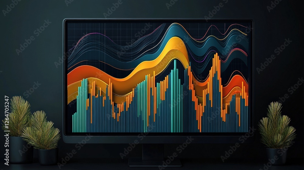 Poster dynamic colorful data visualization with orange yellow and green waves