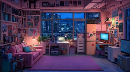 Fototapeta premium Cozy Pink Apartment with City Night View