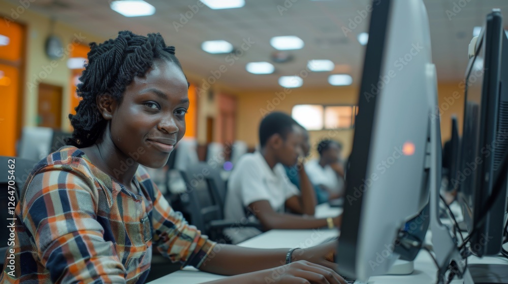 Poster A young woman smiles while using a computer in a bright classroom with other students also focused on their screens. The atmosphere is conducive for learning and collaboration.