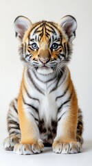 Fototapeta premium Young tiger cub sitting quietly with bright blue eyes and striking fur pattern in a neutral setting